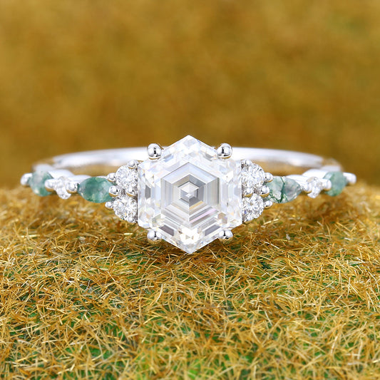 1CT Hexagon Cut Moissanite Engagement Ring with Nature-Inspired Accents