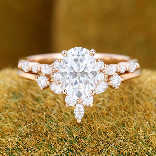 Oval Moissanite engagement ring set vintage Unique rose gold bridal set Antique Marquise Diamond ring set Promise Anniversary ring for women