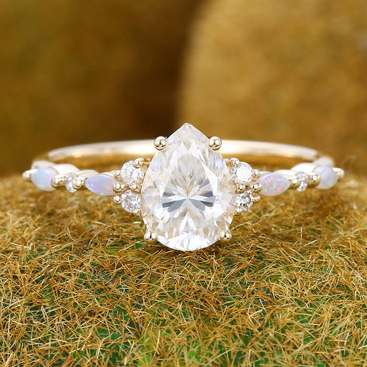1CT Pear Shaped Moissanite Engagement Ring with Opal & Moissanite Accents