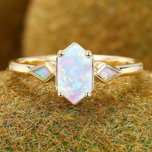 1CT Long Hexagon Cut Opal Three Stone Engagement Ring