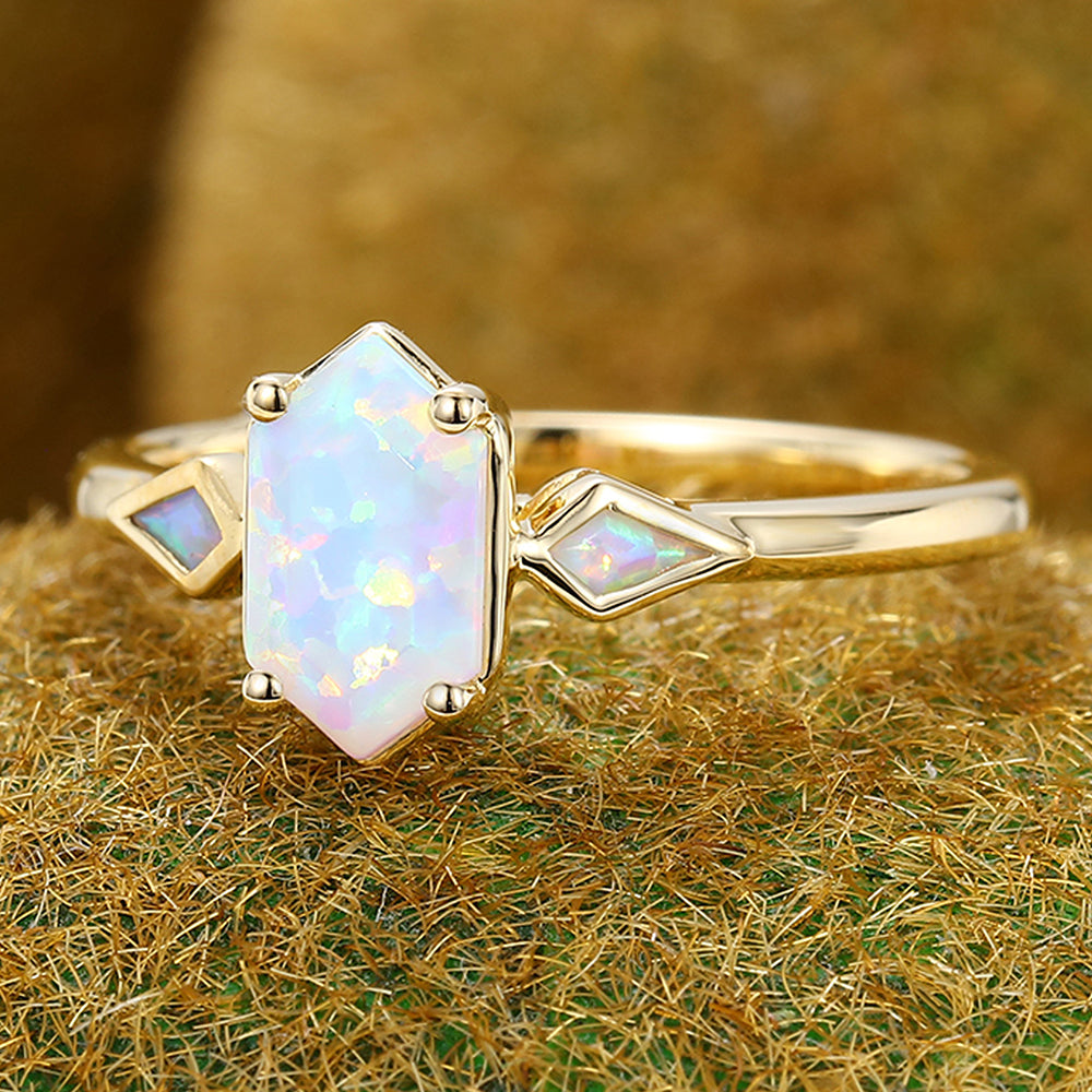 1CT Long Hexagon Cut Opal Three Stone Engagement Ring