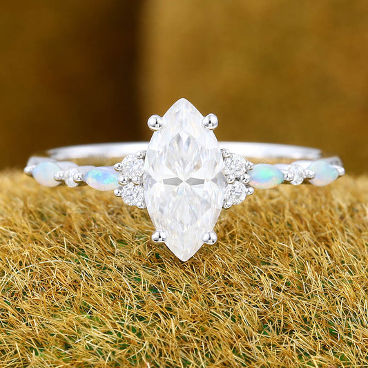 1CT Marquise Cut Moissanite Engagement Ring with Opal & Moissanite Accents