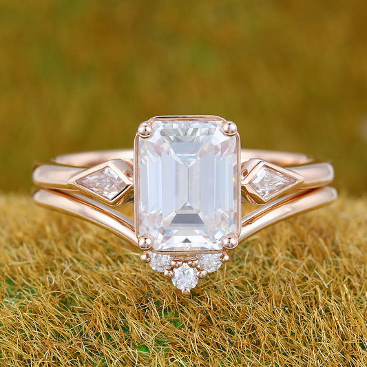 1.6CT Emerald Cut Moissanite Engagement Ring Set with Unique Kite & Round Accents