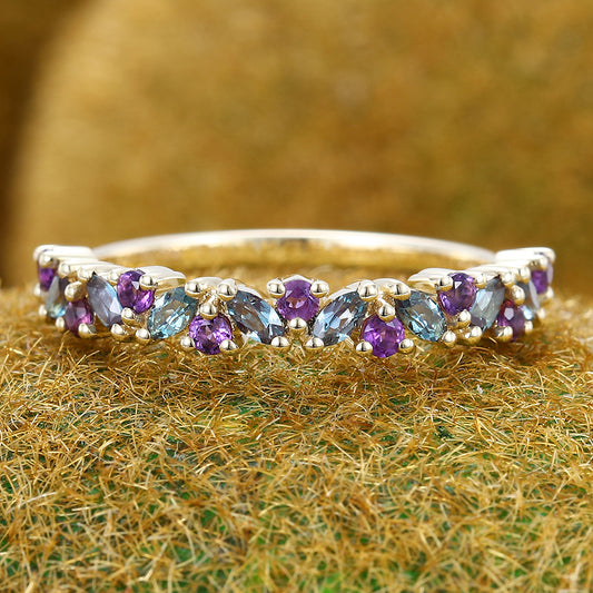 Alternating Marquise Alexandrite & Round Amethyst Wedding Band Half Eternity Ring