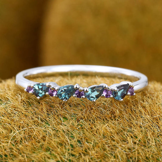 Alternating Pear Alexandrite & Round Amethyst Wedding Band
