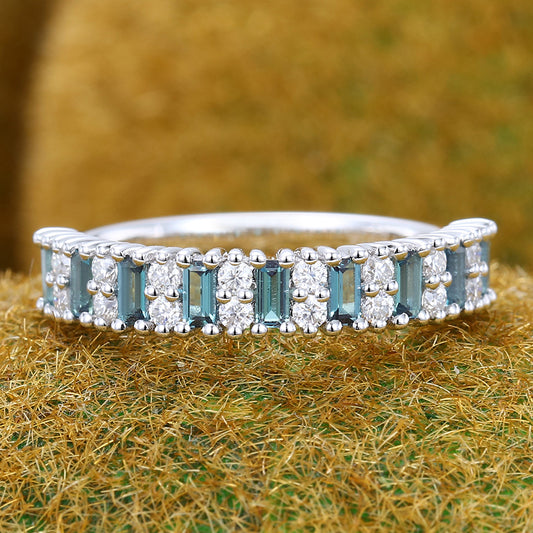Alternating Baguette Alexandrite & Round Moissanite Wedding Band Half Eternity Ring