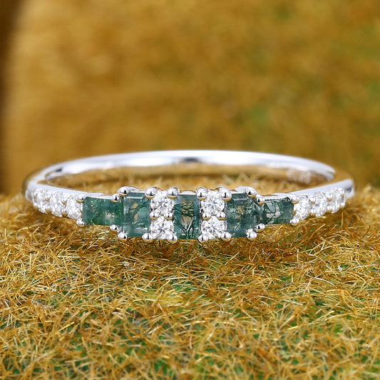 Baguette Cut Moss Agate Wedding Band Anniversary Ring