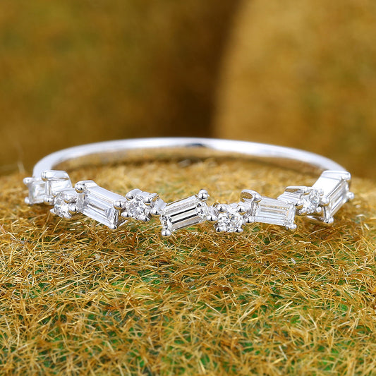 Alternating Baguette & Round Moissanite Wedding Band Unique Anniversary Ring