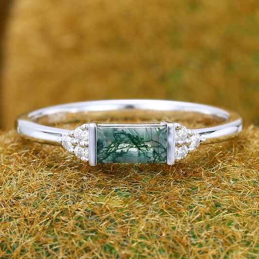 East West Baguette Cut Moss Agate Engagement Ring Art Deco Inspired Ring
