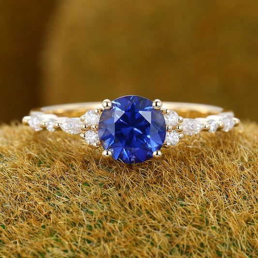 Blue Sapphire engagement ring Vintage Yellow gold engagement ring Marquise Diamond cluster ring Bridal Art deco Promise Anniversary ring