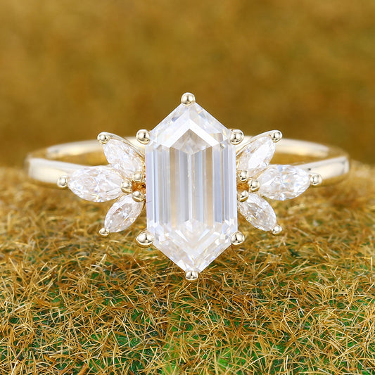 Classic Cluster Long Hexagon Cut Moissanite Engagement Ring In Yellow Gold