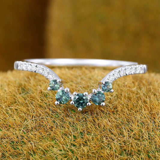 Cluster Green Blue Sapphire & Pavé Moissanite Curved Wedding Band