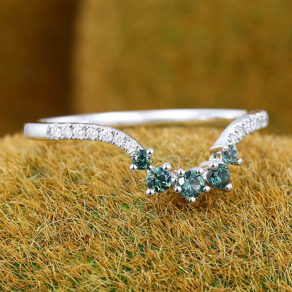 Cluster Green Blue Sapphire & Pavé Moissanite Curved Wedding Band