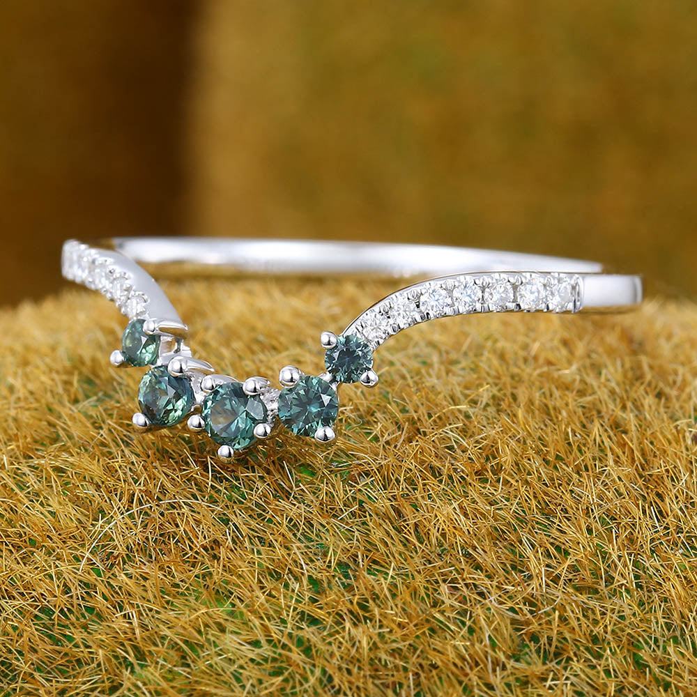 Cluster Green Blue Sapphire & Pavé Moissanite Curved Wedding Band
