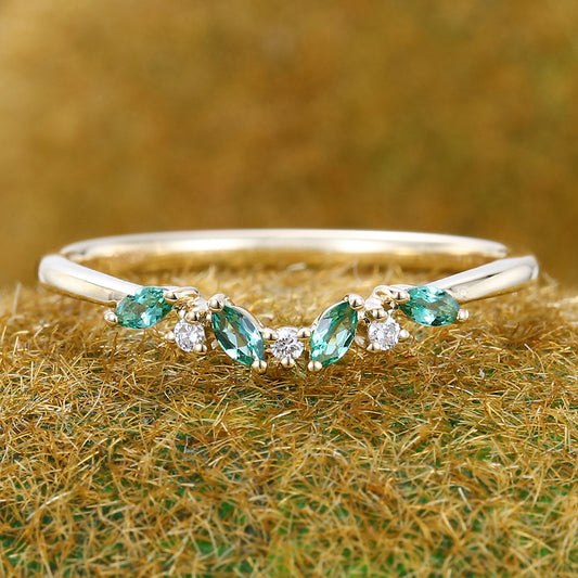 Curved Band Marquise Emerald & Diamond Wedding Band Anniversary Ring