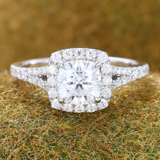 Cushion Cut Moissanite Halo Engagement Ring In White Gold