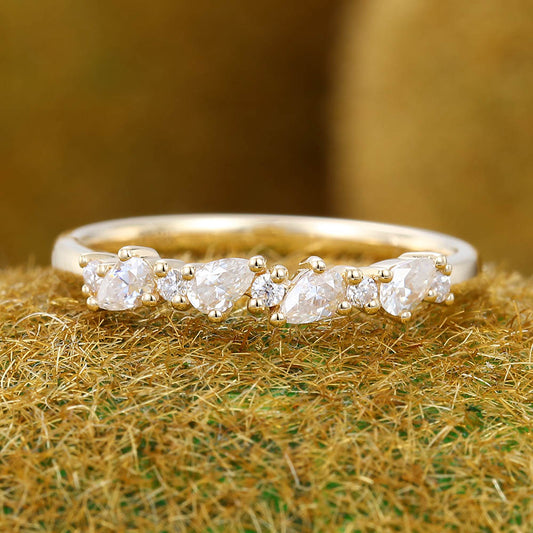 Delicate Pear Moissanite wedding band Unique yellow gold wedding band women Vintage eternity wedding band Bridal Matching Stackable ring