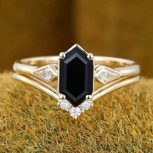 Elongated Hexagon Black Onyx engagement ring set Vintage yellow gold engagement ring Curved ring Kite Diamond ring Promise Anniversary ring
