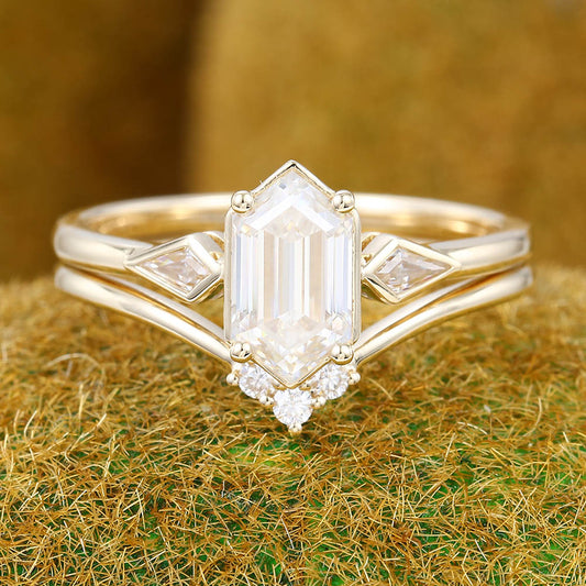 Elongated Hexagon Moissanite engagement ring set Unique yellow gold engagement ring Kite cut curved ring Wedding Promise Anniversary ring