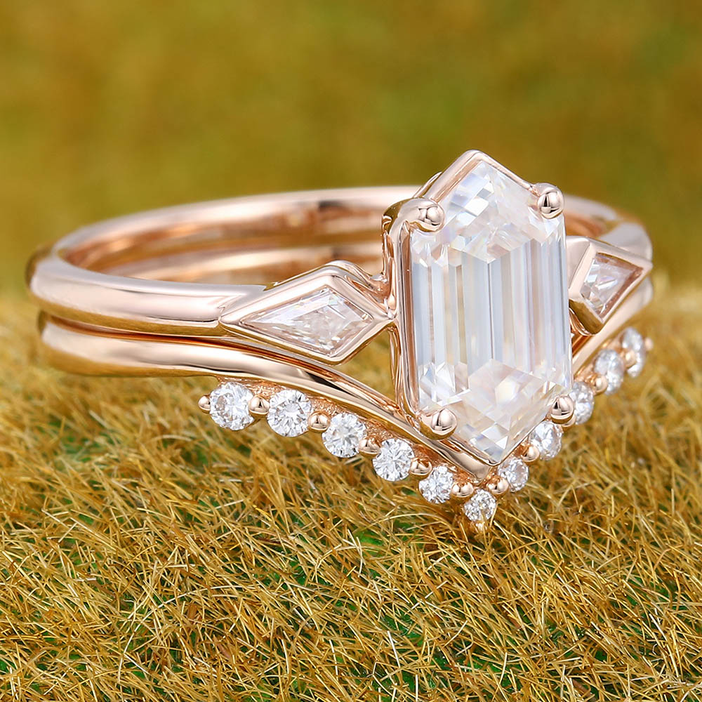 Elongated Hexagon Moissanite engagement ring set Unique Rose gold engagement ring Kite cut Diamond Wedding ring Promise Anniversary ring