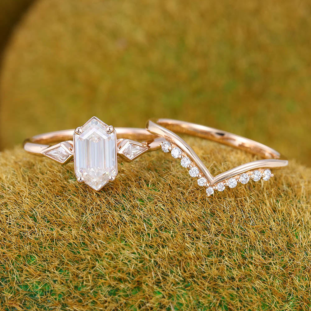 Elongated Hexagon Moissanite engagement ring set Unique Rose gold engagement ring Kite cut Diamond Wedding ring Promise Anniversary ring