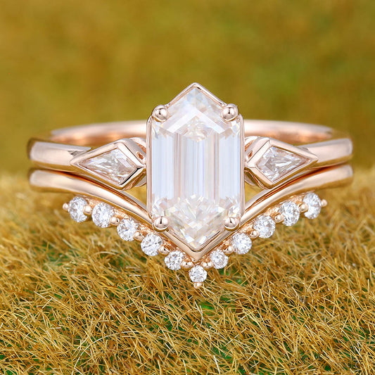 Elongated Hexagon Moissanite engagement ring set Unique Rose gold engagement ring Kite cut Diamond Wedding ring Promise Anniversary ring