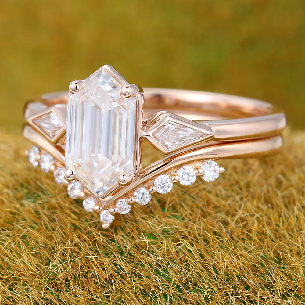Elongated Hexagon Moissanite engagement ring set Unique Rose gold engagement ring Kite cut Diamond Wedding ring Promise Anniversary ring