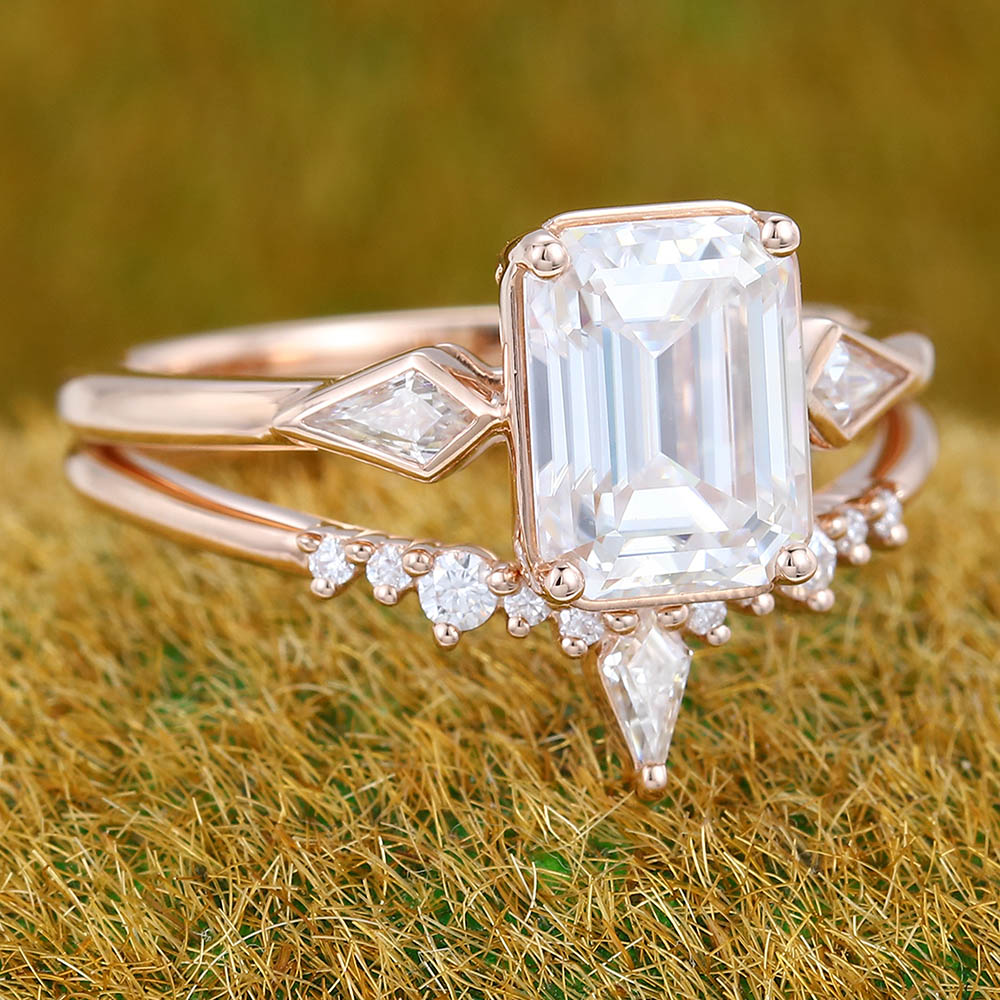 1.5CT Emerald Cut Moissanite Engagement Ring Set with Petite Moissanite Accents