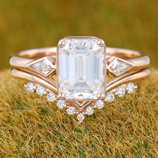 1.5CT Emerald Cut Moissanite Engagement Ring Set with Petite Round Moissanite Accents