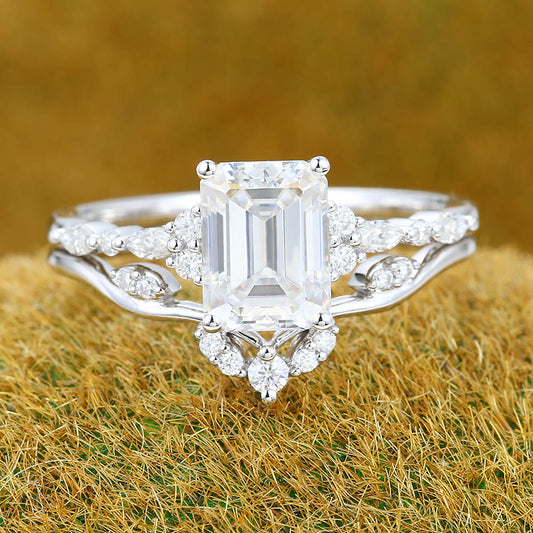 1.5CT Emerald Cut Moissanite Engagement Ring Set with Petite Cluster