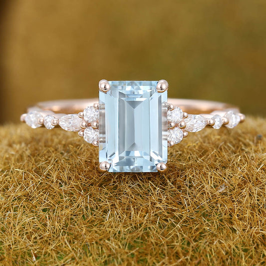 Emerald cut Aquamarine engagement ring Vintage Rose gold engagement ring Marquise Diamond cluster ring Art deco Promise Anniversary ring