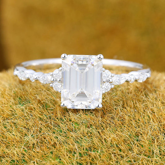 Emerald cut Moissanite engagement ring Vintage white gold engagement ring Marquise Diamond cluster ring Art deco Promise Anniversary ring