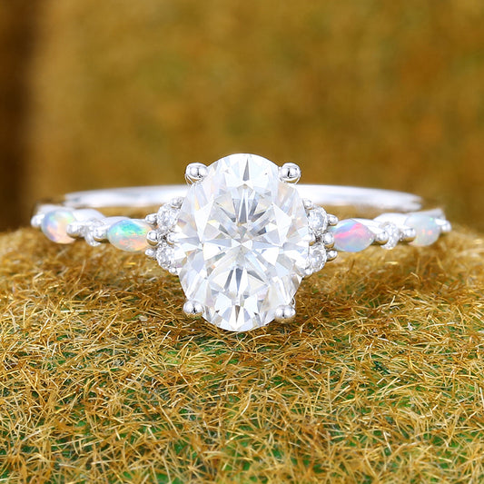 Oval Cut Moissanite Engagement Ring with Opal Accents Half Eternity Ring