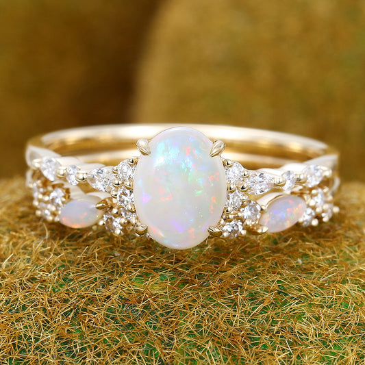 Four-Claw Prong Oval Cut Opal Engagement Ring Set 2PCS Bridal Ring Set
