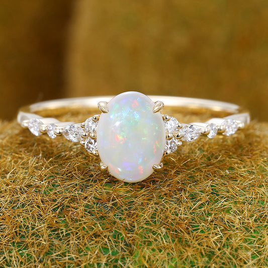 Four-Claw Prong Oval Cut Opal Engagement Ring with Moissanite Cluster Accents