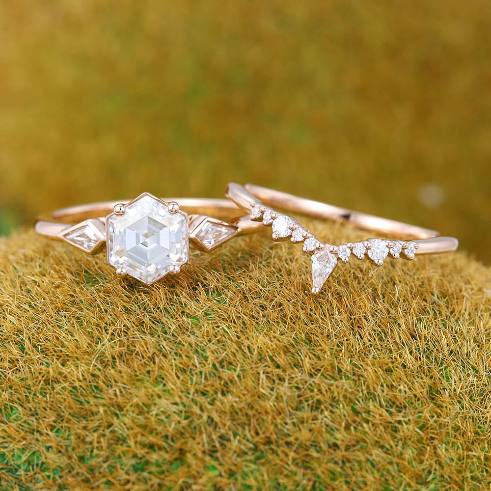 1CT Hexagon Cut Moissanite Engagement Ring Set with Petite Moissanite Accents