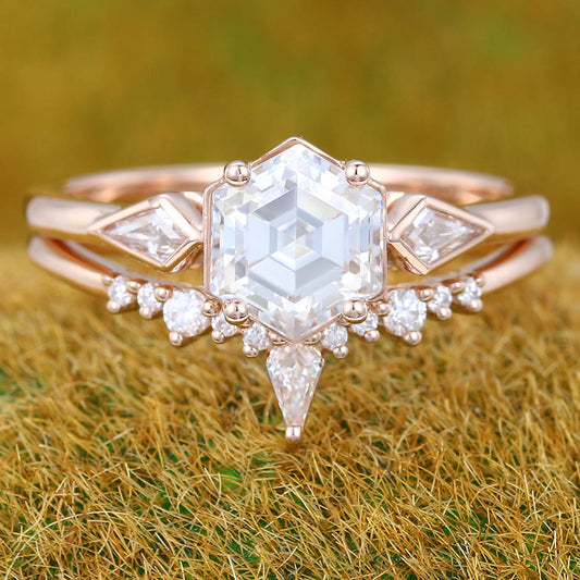 1CT Hexagon Cut Moissanite Engagement Ring Set with Petite Moissanite Accents