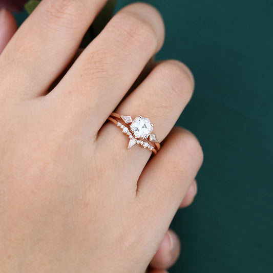 1CT Hexagon Cut Moissanite Engagement Ring Set with Petite Moissanite Accents