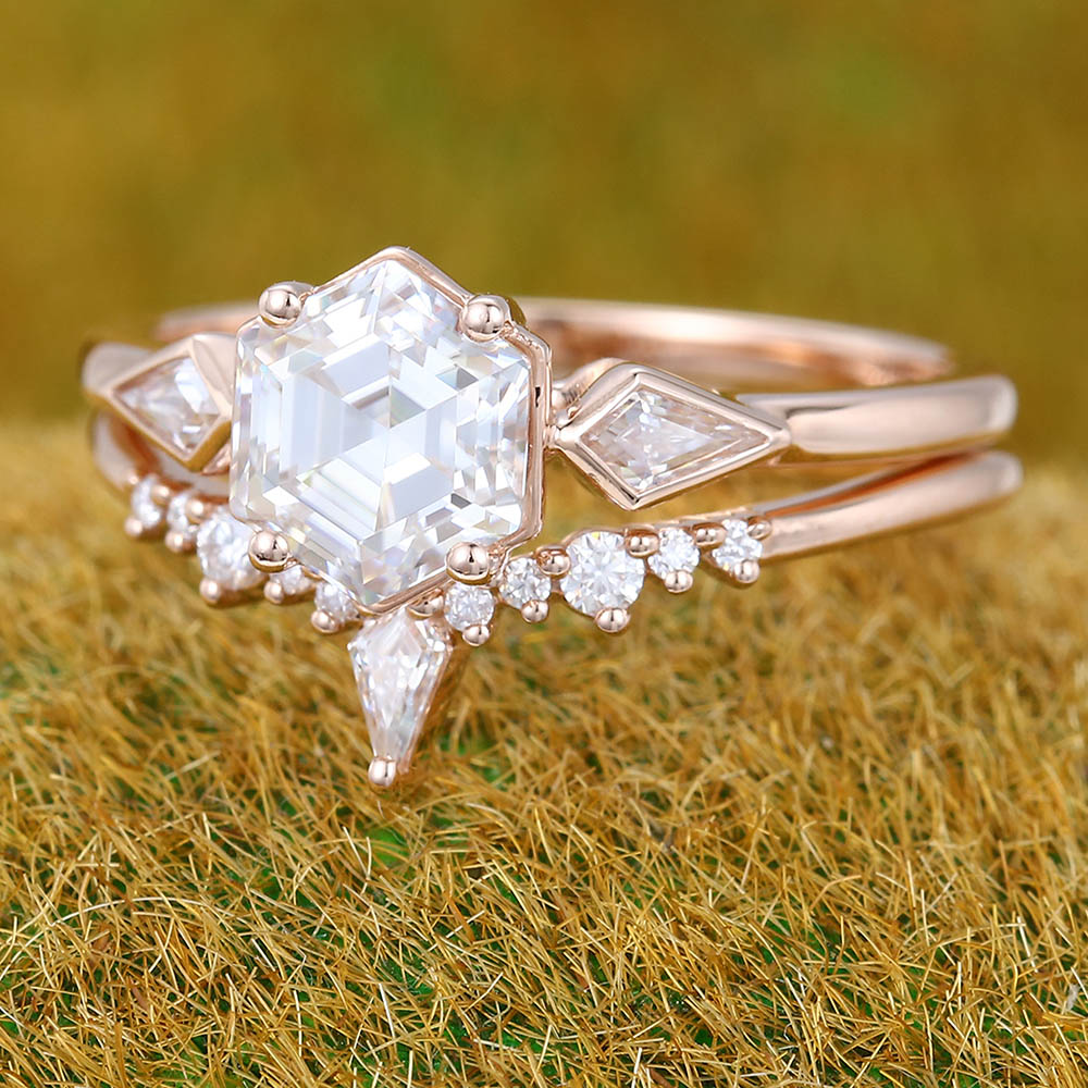 1CT Hexagon Cut Moissanite Engagement Ring Set with Petite Moissanite Accents
