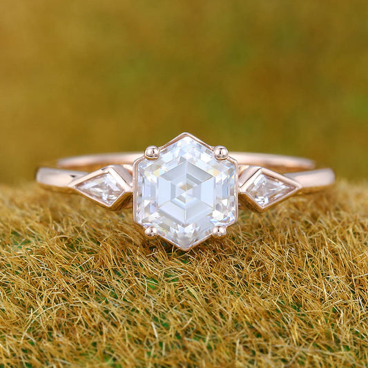 1CT Hexagon Cut Moissanite Engagement Ring with Kite Accented