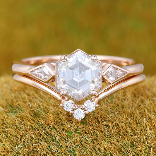Hexagon cut Moissanite engagement ring set Unique rose gold ring Bezel ring Antique Kite cut Diamond ring Wedding Promise Anniversary ring