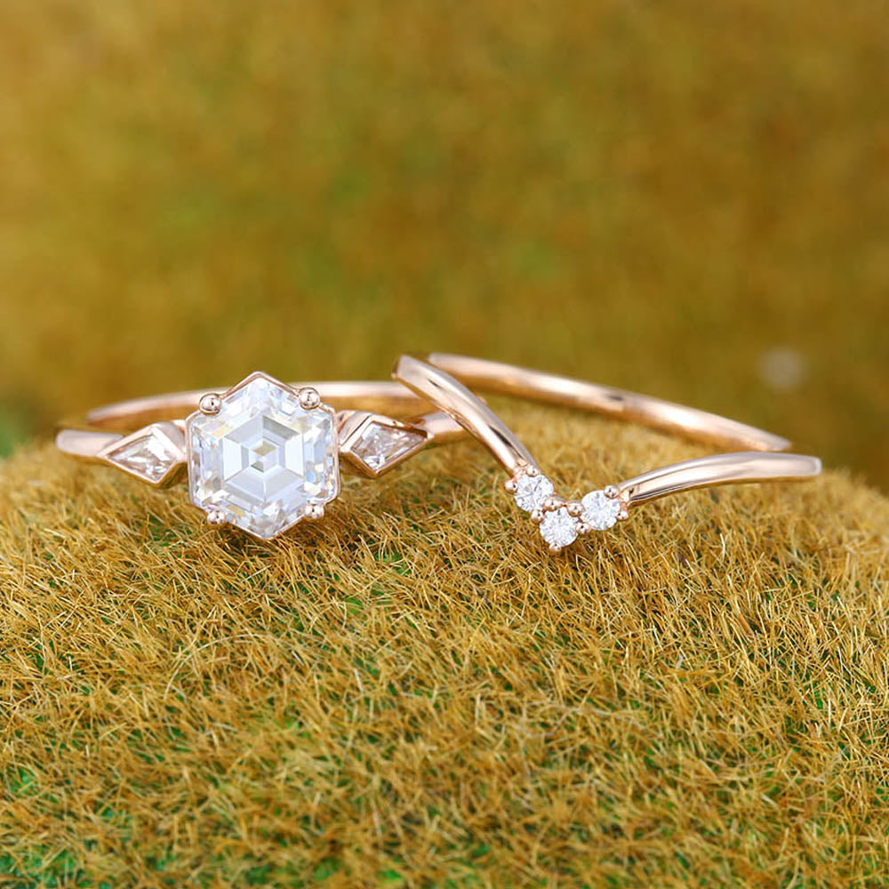 Hexagon cut Moissanite engagement ring set Unique rose gold ring Bezel ring Antique Kite cut Diamond ring Wedding Promise Anniversary ring