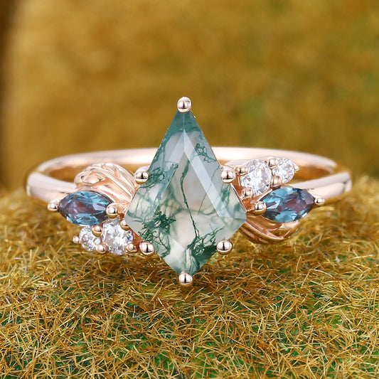 Kite Cut Moss Agate Engagement Ring with Nature-Inspired Accents