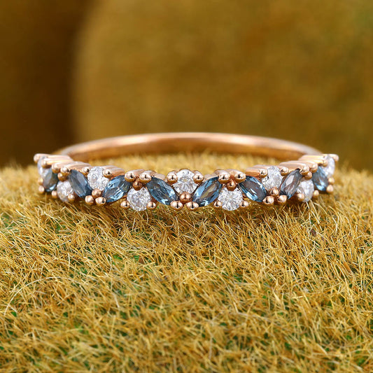 London Blue topaz wedding band Vintage moissanite Rose gold wedding band Half eternity Marquise cut diamond band Matching Stackable band