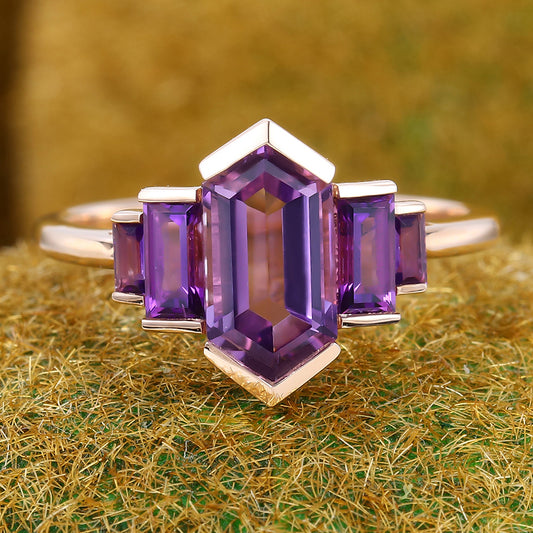 Long Hexagon Cut Amethyst Engagement Ring Unique Art Deco Ring