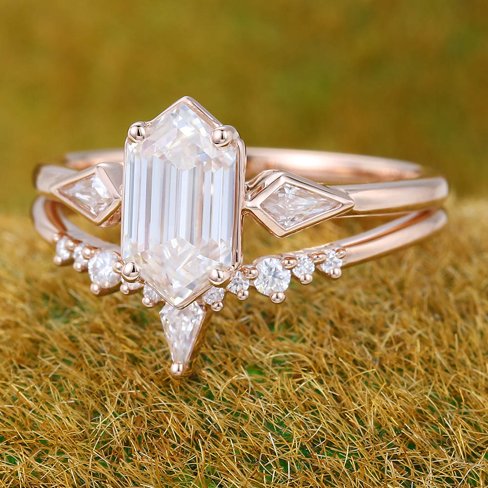 1CT Long Hexagon Cut Moissanite Engagement Ring Set with Petite Moissanite Accents