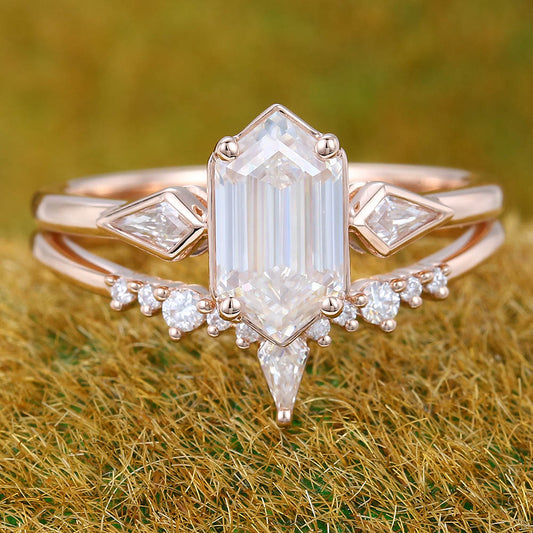 1CT Long Hexagon Cut Moissanite Engagement Ring Set with Petite Moissanite Accents