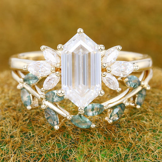 Long Hexagon Cut Moissanite Engagement Ring Set Nature-Inspired Bridal Ring Set