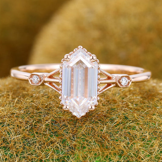 Vintage Gothic Long Hexagon Cut Moissanite Engagement Ring
