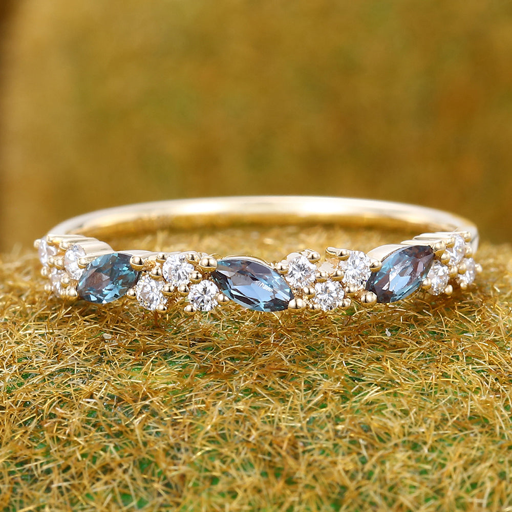 Marquise Alexandrite & Round Moissanite Wedding Band Anniversary Ring